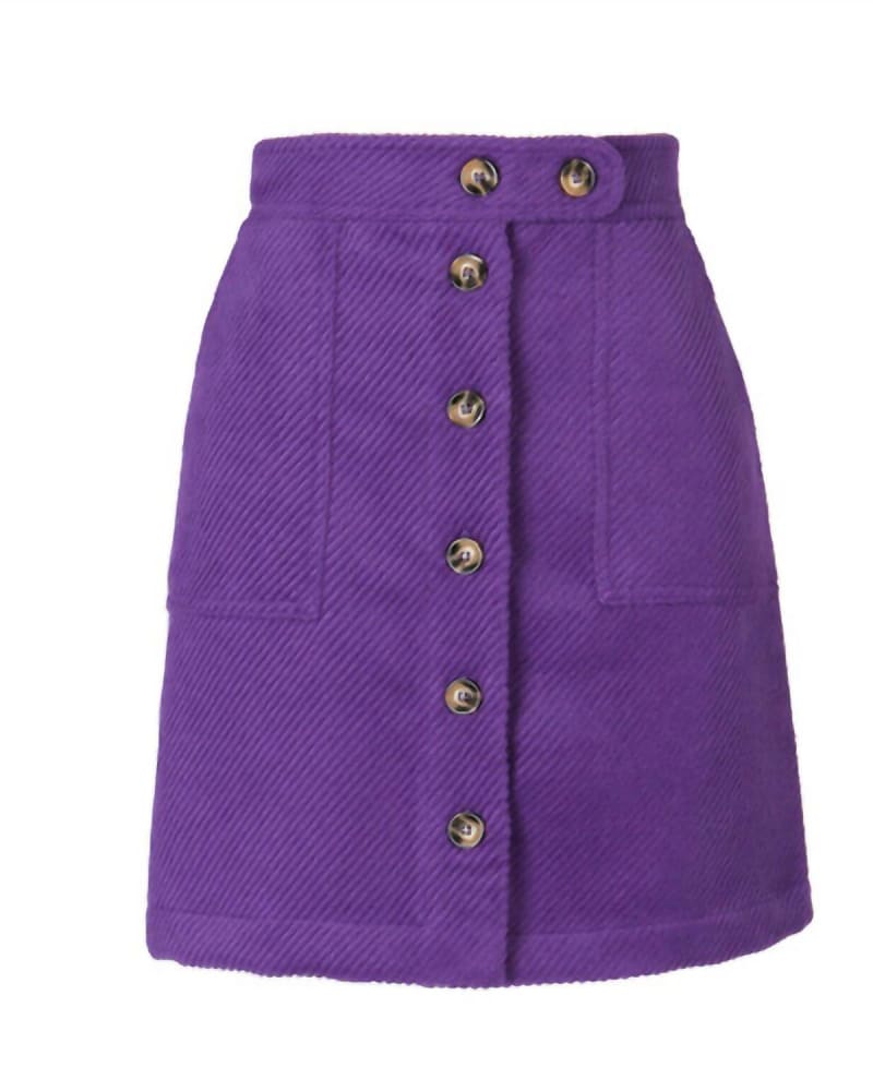 Front of a size L Edwine Corduroy Skirt in Violet in Violet by FRNCH. | dia_product_style_image_id:339057